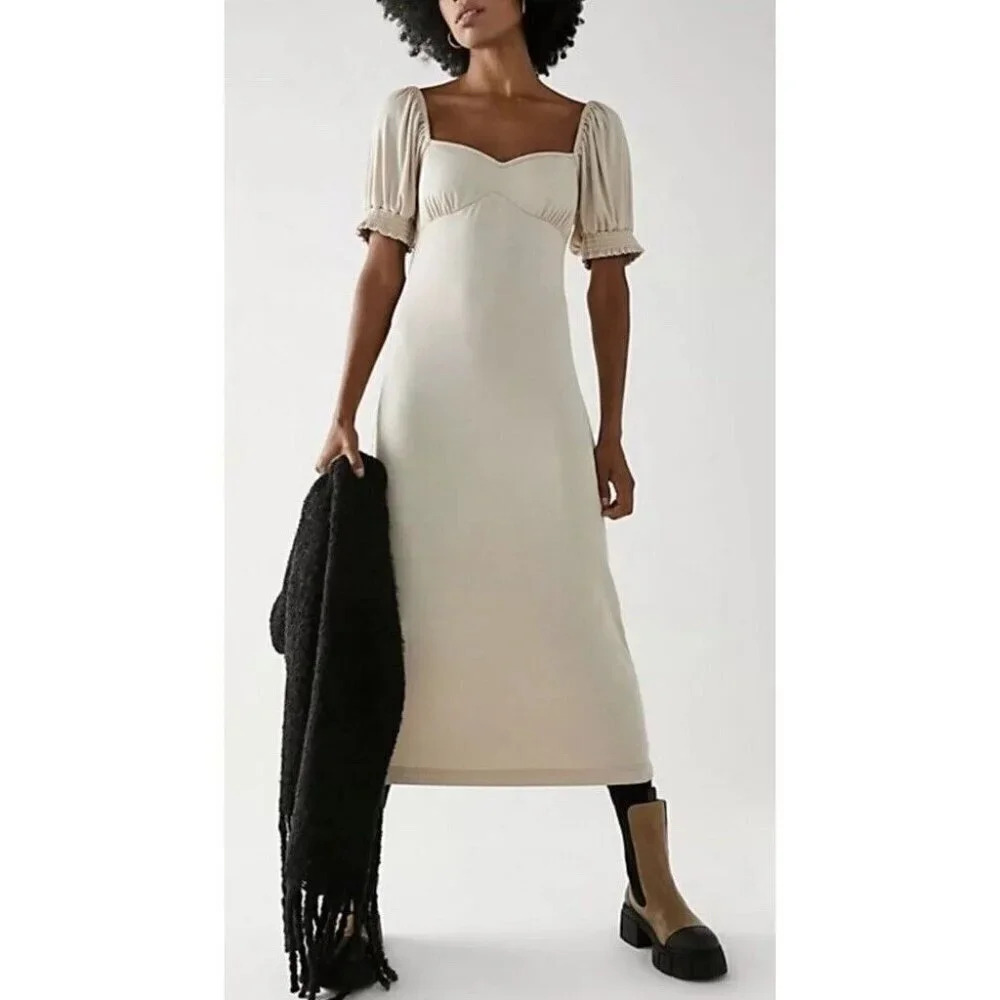 Free People Beach Beige Bel Air Midi Square Neck Ribbed Dress Stretch MEDIUM